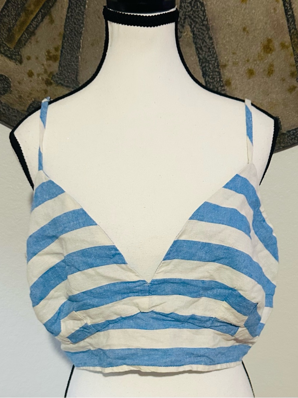 Striped Blue and White Sleeveless Linen Crop Top